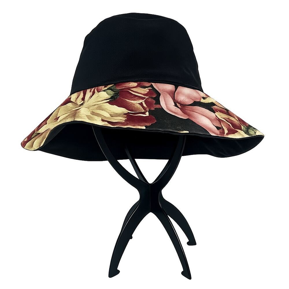 Women's Bucket Hat Black and Floral Reversible Boho Medium